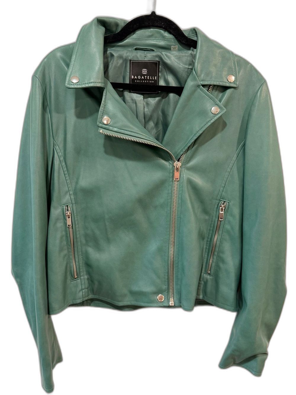 Bagatelle Collection Faux Leather Moto Biker Jacket Sage Green Teal Womens L